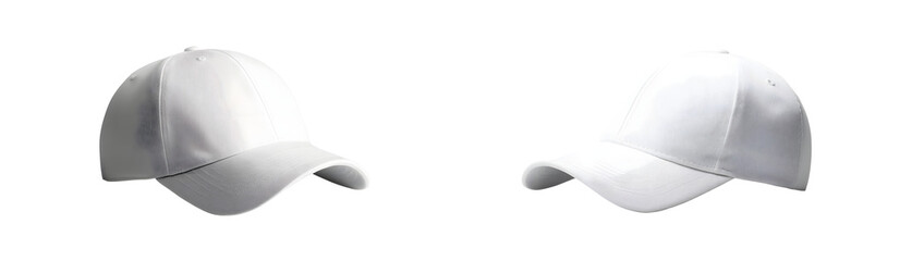 Poster - Set of blank white baseball caps displayed side by side. isolated on transparent background