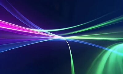 Fototapete -  A background of glowing neon lines in purple and teal colors on a dark blue backdrop, creating an abstract design with a futuristic vibe. The glowing lights create long shadows that add depth to the 