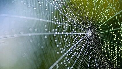 Close-up view of delicate spiderweb glistening with dew drops against a soft green natural backdrop in morning light