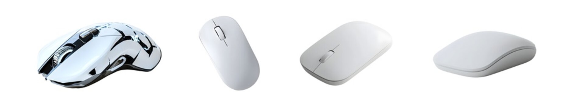 Multiple white computer mice in various perspectives. isolated on transparent background