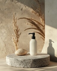 Aufkleber - A minimalist product shot of a white pump bottle and a light-colored stone on a round speckled gray platform,  with pampas grass and sunlight casting shadows against a textured beige wall