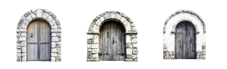Poster - Set of Aged stone archways with wooden doors isolated on transparent background