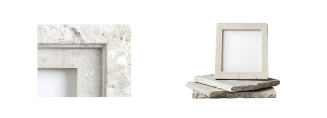 Poster - Light gray stone fireplace surround and picture frame set. isolated on transparent background