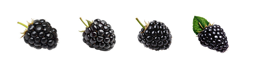 Close-up view of multiple blackberries against a transparent background.
