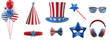 © foto Art - Patriotic party elements set with red white blue balloons, striped cone hat, Uncle Sam hat, and star bracelet, transparent background, perfect for Fourth of July, Independence Day