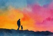 © car - Silhouette watercolor man and child walking outdoors, Father's Day concept, relationship with child, congratulations, poster, banner, copy space. High quality