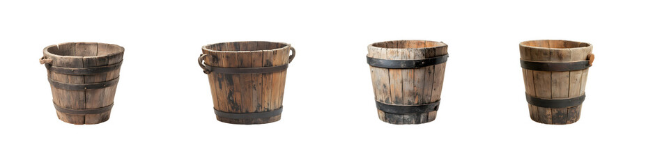 Poster - Set of Vintage wooden buckets arranged in a row. isolated on transparent background
