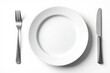 © napak - A Simple Place Setting Empty Plate, Fork, and Knife on White Background