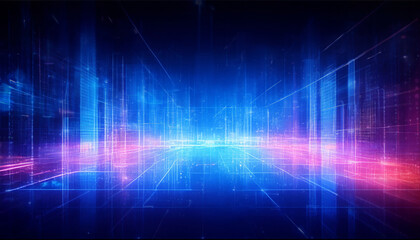 Leinwandbilder - Abstract digital corridor in vibrant blue and purple hues, symbolizing advanced technology and data flow. The futuristic tunnel evokes a sense of immersion
