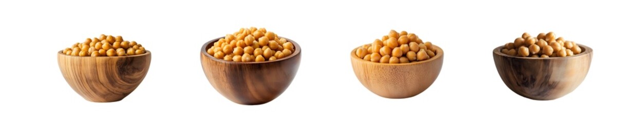 Poster - set of Wooden bowls filled with chickpeas displayed in a horizontal row. isolated on transparent background