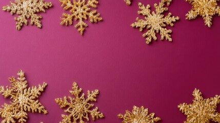 Wall Mural - White snowflakes scattered on a pink surface with a vibrant red background, bright and festive.
