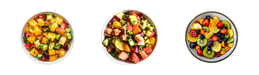Poster - set of Vibrant fruit salads in white bowls. isolated on transparent background