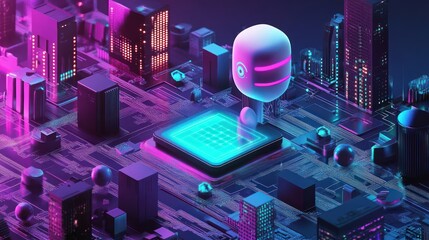 Poster - Cyberpunk Metropolis: A Futuristic AI Cityscape with Neon Illumination and Robot Overseer