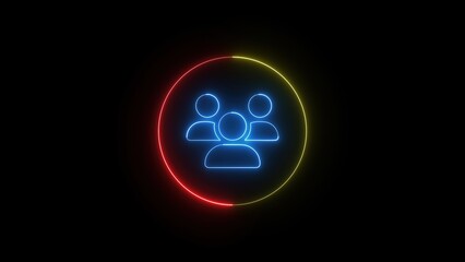 Poster - Glowing neon team symbol depicting a group of people within a colorful circle on a black background representing teamwork and community.