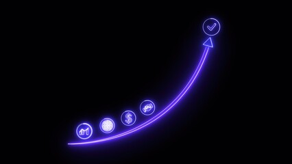 Poster - Neon styled illustration of business progress visualized with an upward curving arrow highlighting key business elements and achievement symbols on black background.