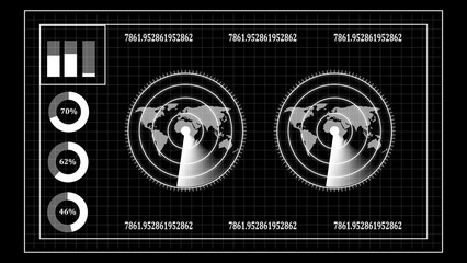 Fototapete - Futuristic data visualization interface showing global radar scan with informative progress graphs and charts on black background