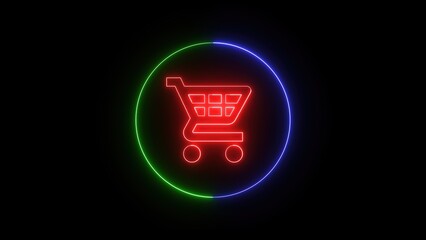 Poster - Glowing neon shopping cart icon centered against a black background perfect for online shopping and ecommerce concepts