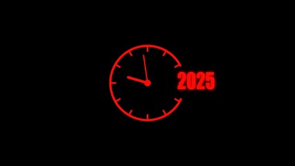 Poster - Red illuminated clock face indicating the year 2025 against a black background conceptually depicting time and the future for business or corporate marketing.