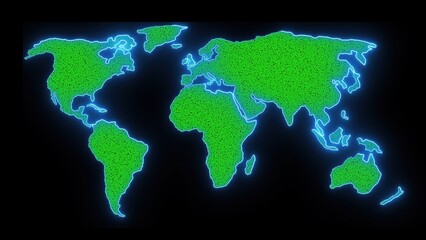 Poster - Illuminated world map on black background illustrating global connectivity and international relations with a glowing neon effect.
