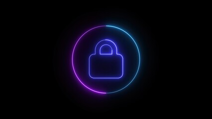 Poster - Neon lock icon on black background symbolizing security and protection represents digital encryption and data privacy in modern design