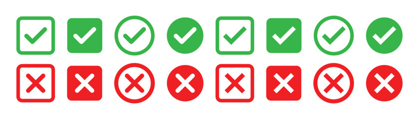 Poster - Set green approval check mark and red cross icons collection in circle and square, checklist signs, flat checkmark approval badge, 