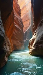 Poster - Flowing Turquoise River Through a Narrow Canyon with Towering Orange Rock Walls and Mist