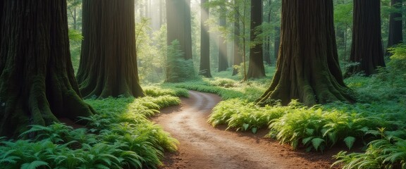 Poster - Sunlit dirt path meanders through a lush forest of towering trees with ferns and foliage casting shadows.