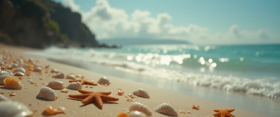 Poster - Seashells and Starfish on a Sandy Beach with Turquoise Water Backdrop