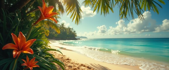 Poster - Serene tropical beach paradise with vibrant orange lilies, turquoise sea, and palm trees against a sunny sky