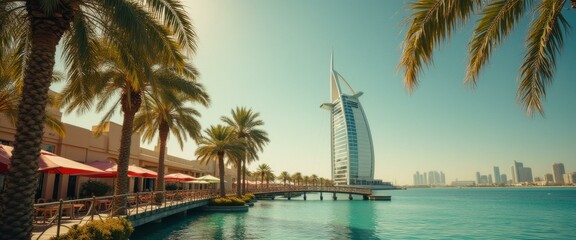Aufkleber - Exotic getaway destination with impressive architecture, calm turquoise water, and lush palm trees under a clear blue sky