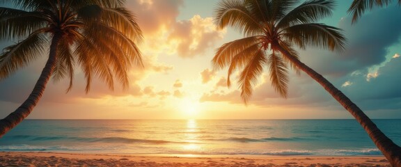 Poster - Serene ocean scene featuring palm trees silhouetted against a vibrant sunset sky, creating a tranquil tropical ambiance.