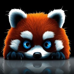 Aufkleber - Cute Red Panda with Big Blue Eyes Peeks Over a Reflective Surface on a Black Background, Adorable Animal Portrait