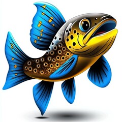 Poster - Cartoon trout with striking blue fins swims cheerfully against a pristine white backdrop in vivid detail.