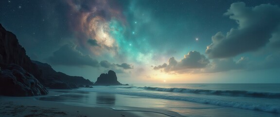 Wall Mural - Surreal Coastal Landscape with Milky Way Galaxy and Ethereal Sunset Glow Reflecting on Ocean Waves