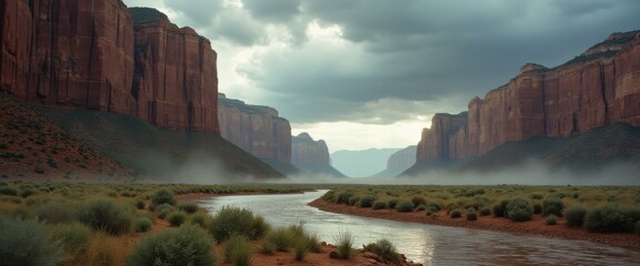 Poster - Dramatic Canyon Landscape with River and Overcast Sky