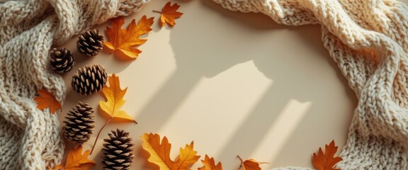 Poster - Autumn mockup featuring a cozy beige knit scarf, pine cones, and orange fall leaves, arranged on a neutral surface