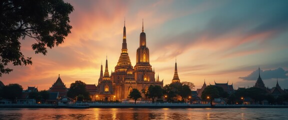 Poster - Illuminated Temple Towers at Dusk Over Calm Water Reflections - Religious Architecture and Twilight Sky
