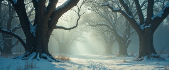 Poster - Ethereal Winter Wonderland: Sunlight Pierces Through Mist in a Forest of Snow-Covered Trees with Footprints Guiding the Way