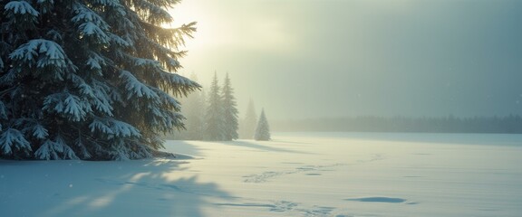 Poster - Snow-covered fir trees on a winter landscape, with the bright sun shining through the branches and footprints in the snow.