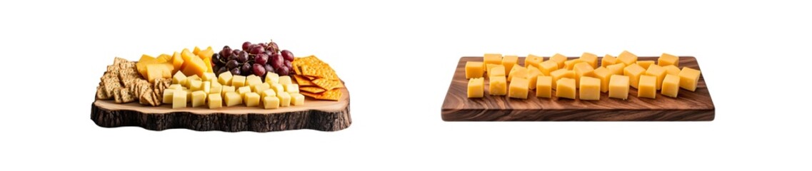 Poster - Assorted cheeses and grapes on a wooden platter isolated on transparent background