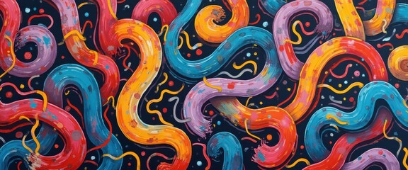 Poster - Energetic Abstract Painting Featuring Colorful Curving Shapes and Whimsical Lines on a Dark Background