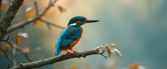 Aufkleber - Common Kingfisher Perched on a Branch with Autumnal Foliage and a Soft, Dreamy Background