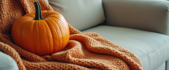 Aufkleber - Close-up of an orange pumpkin resting on a cozy, knitted blanket on a cream-colored couch.