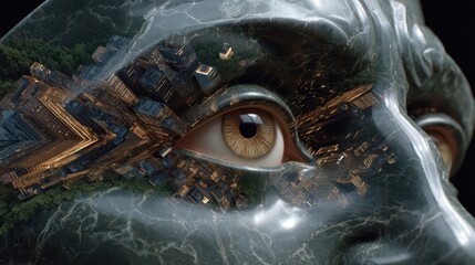 Poster - Intricate stone carving, a city reflected within an eye.