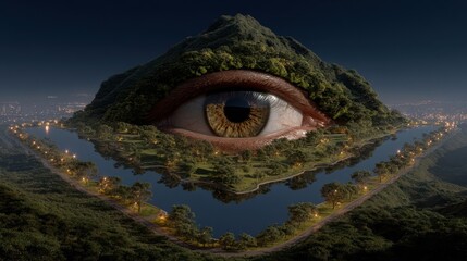Poster - A mystical mountain eye gazes over a landscape.