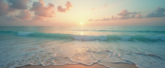 Poster - Tranquil seascape at sunset, golden sun reflecting on ocean waves gently washing sandy beach