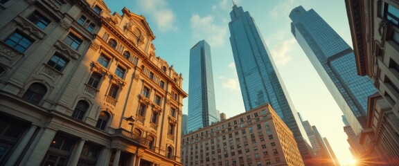 Poster - Architectural juxtaposition of historic and modern buildings bathed in warm golden light against a blue sky