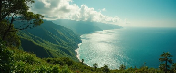Poster - Breathtaking coastal landscape: Rugged green mountains meet sparkling turquoise ocean under a bright, cloud-dotted sky.