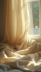 Aufkleber - Window with Creamy Fabric Draped in Sunlight Creates Soft, Warm Atmosphere, Interior Aesthetic, and Textured Background