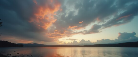 Poster - Tranquil Lakeside Sunset Panorama with Dramatic Clouds and Calm Water Reflections in Warm Light
